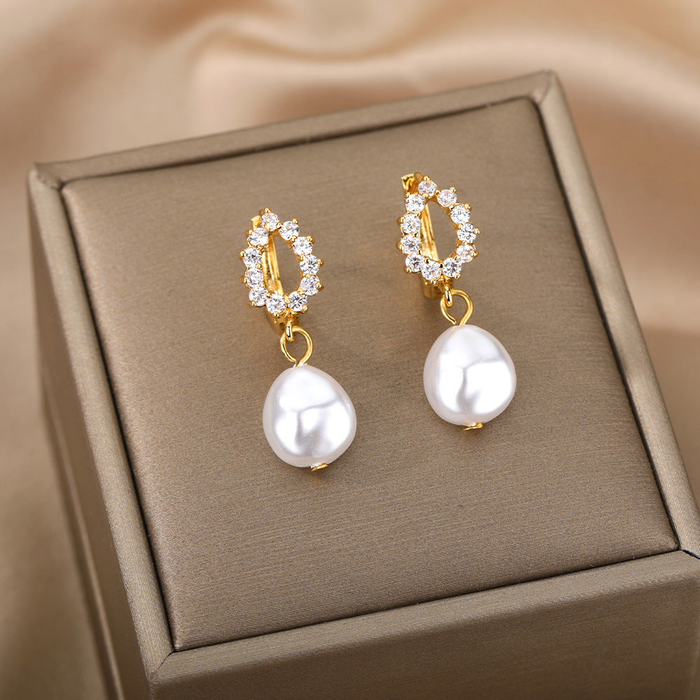 freshwater pearl copper zircon drop earrings