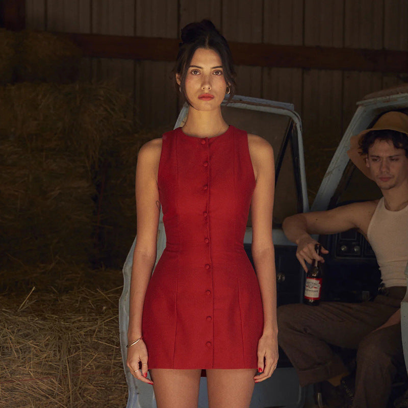 Round neck button down mini dress
