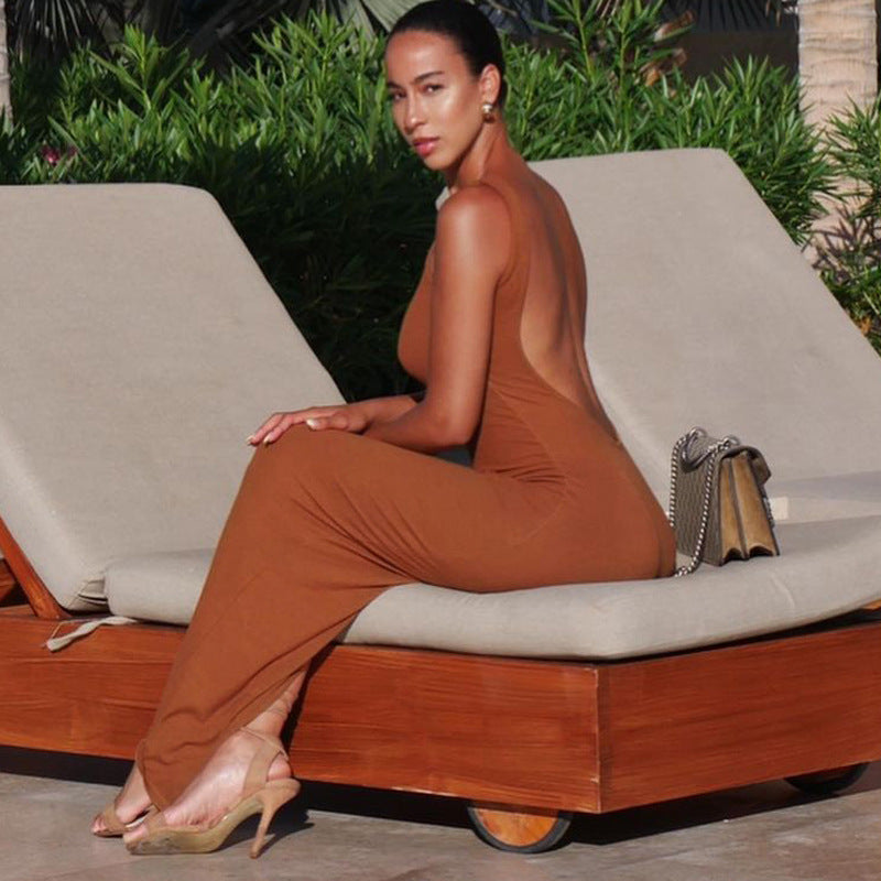 Backless slim round neck sleeveless slit dress