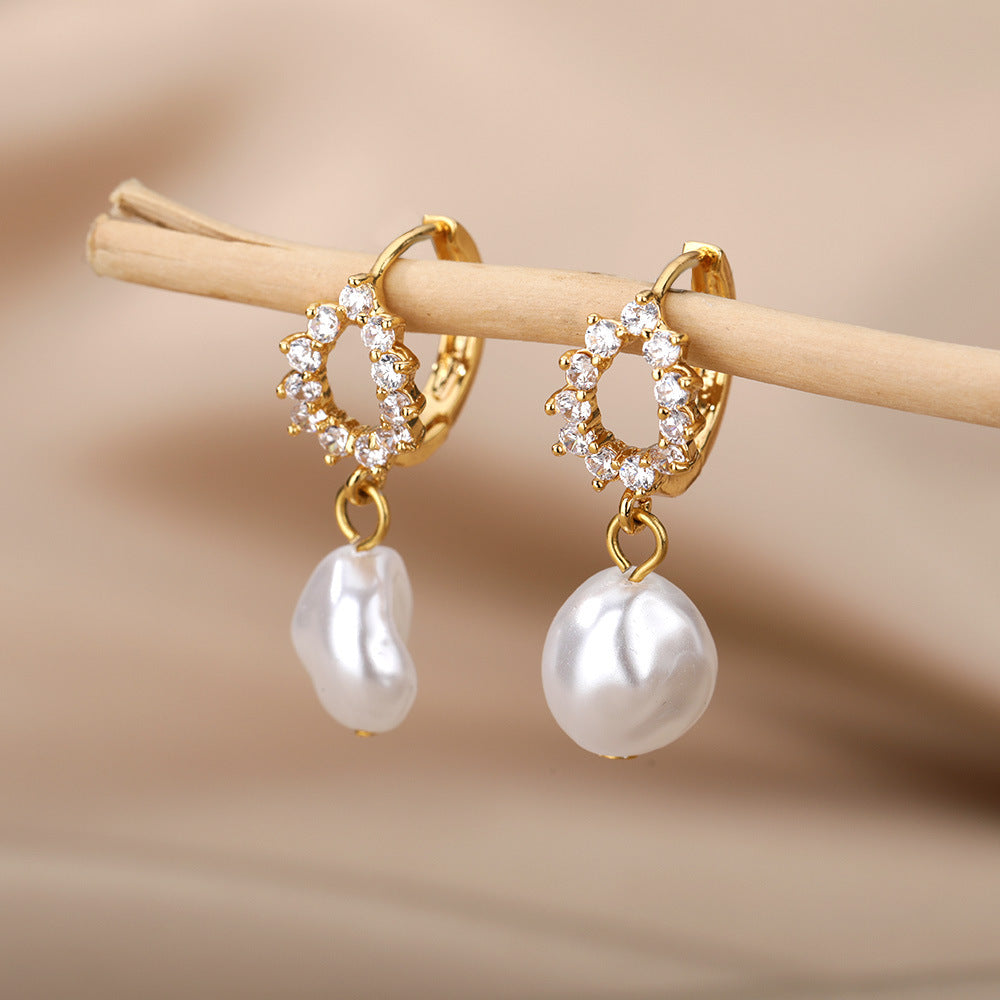 freshwater pearl copper zircon drop earrings