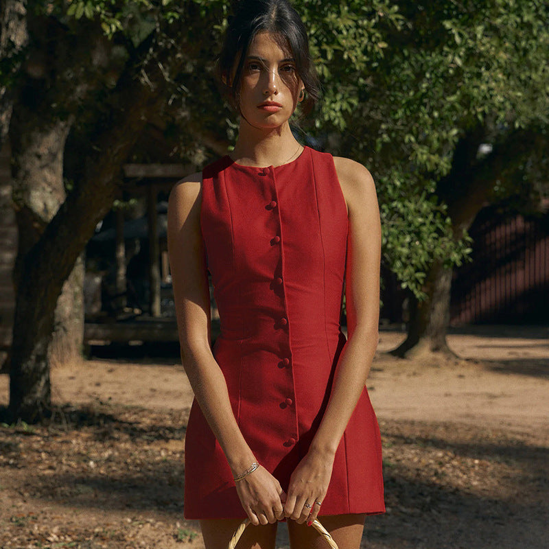 Round neck button down mini dress