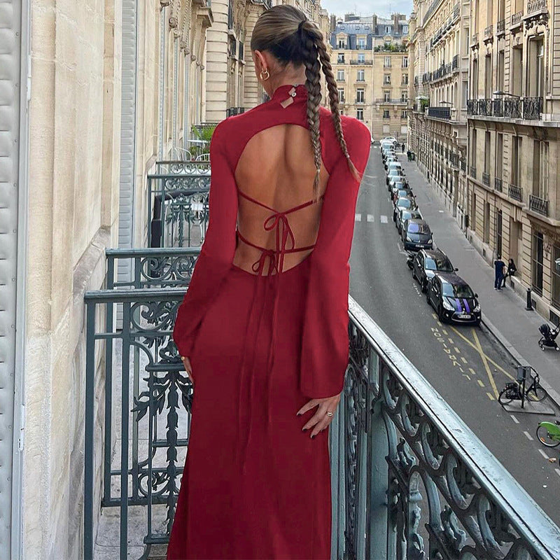 Flared sleeves turtleneck maxi dress