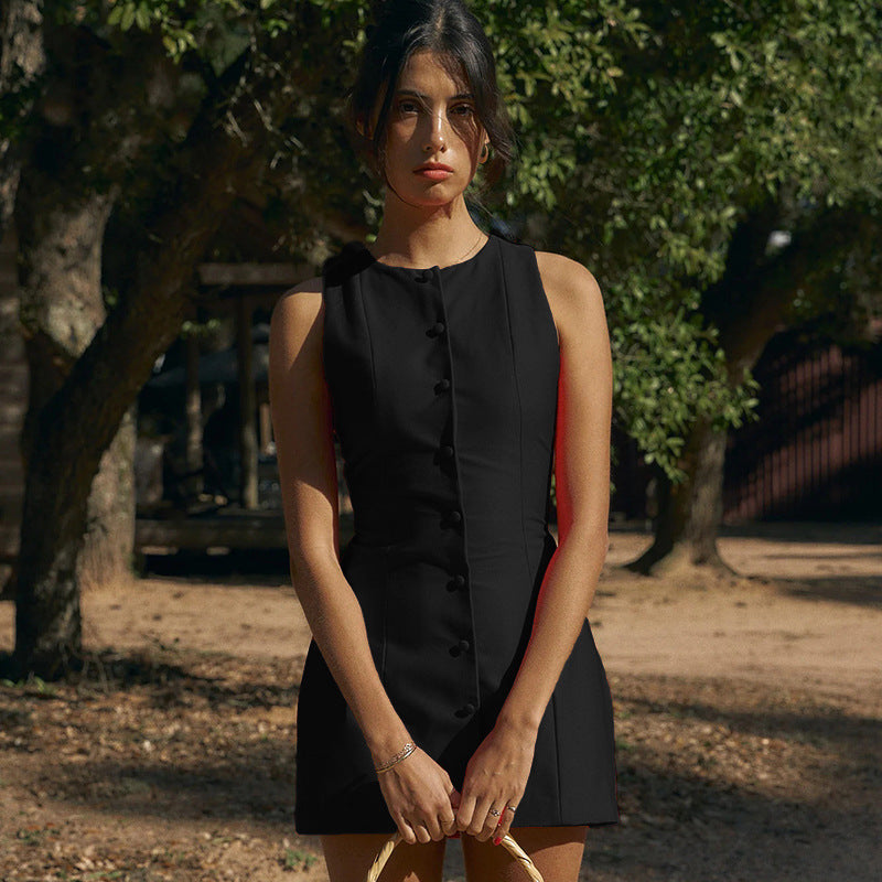 Round neck button down mini dress