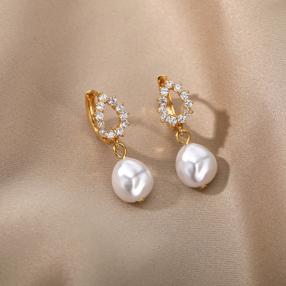 freshwater pearl copper zircon drop earrings