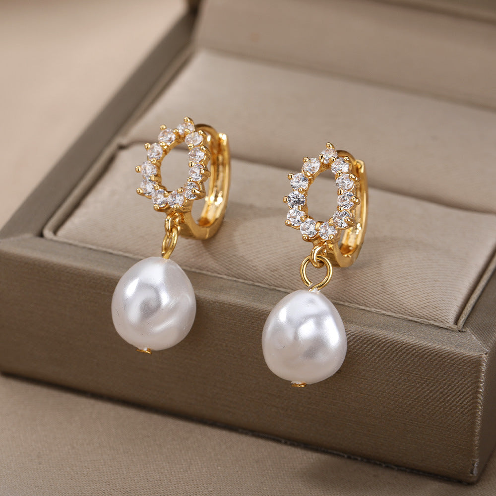 freshwater pearl copper zircon drop earrings