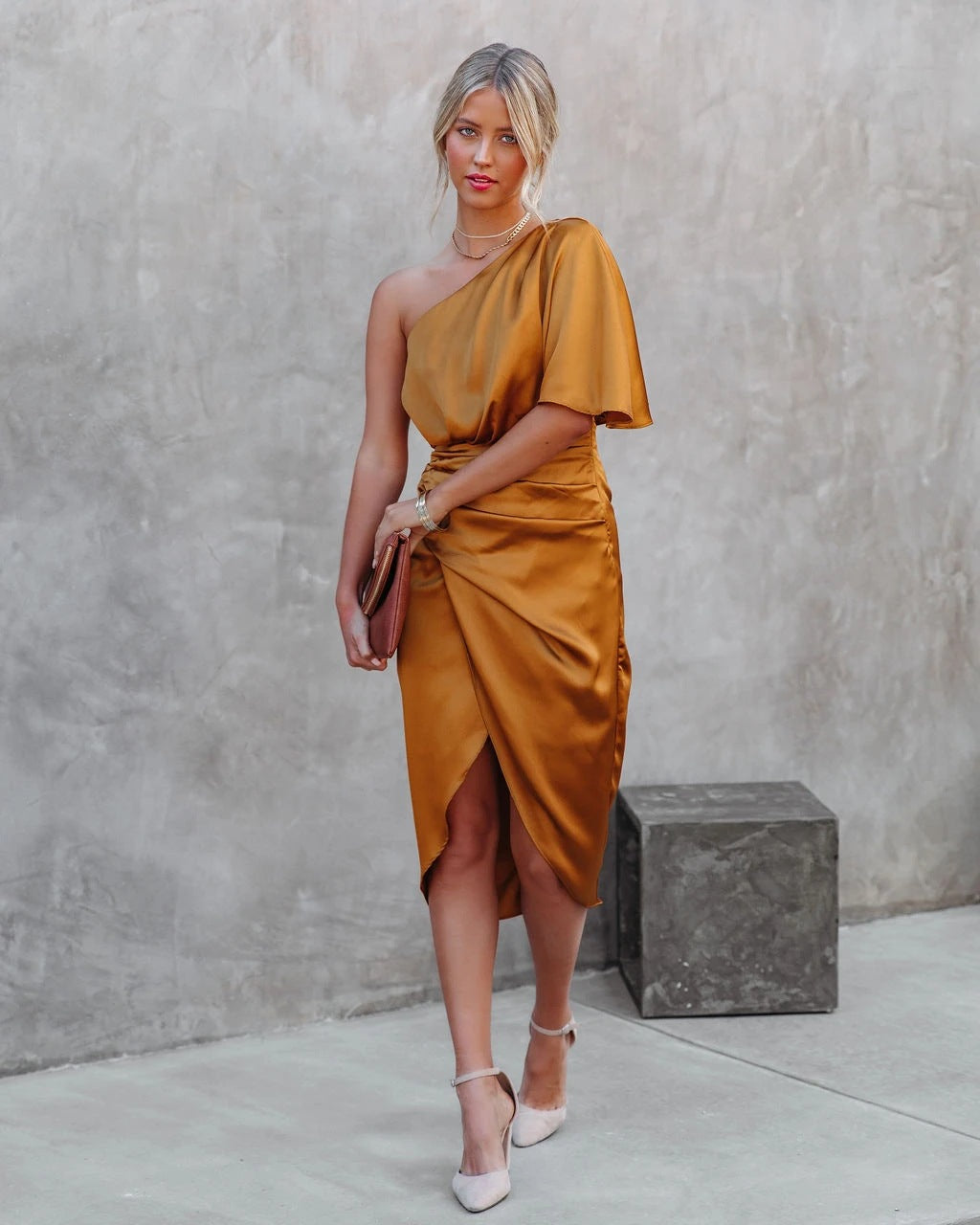 One sleeve side slit satin dress