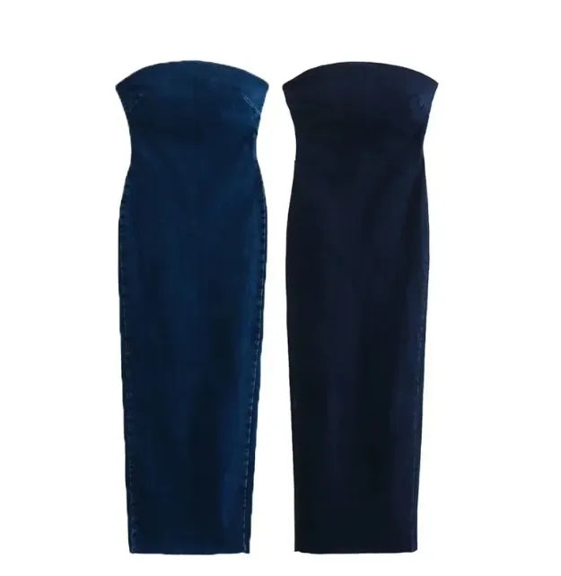 Strapless long denim vacay dress