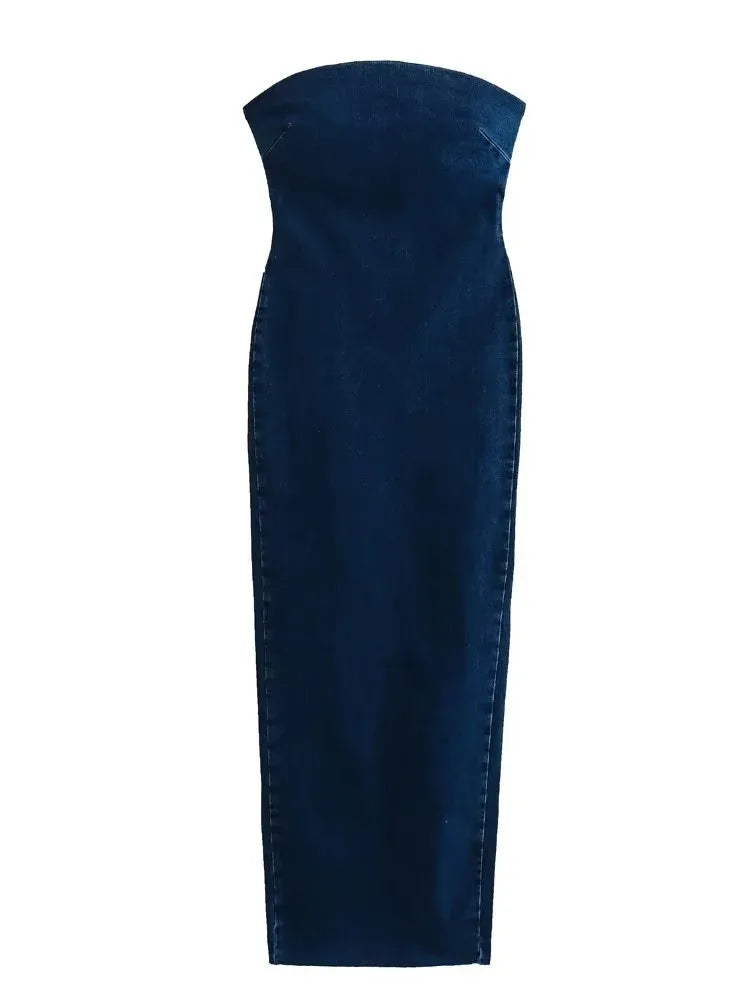 Strapless long denim vacay dress