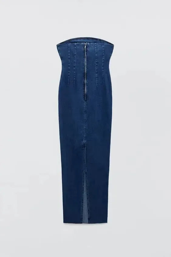 Strapless long denim vacay dress