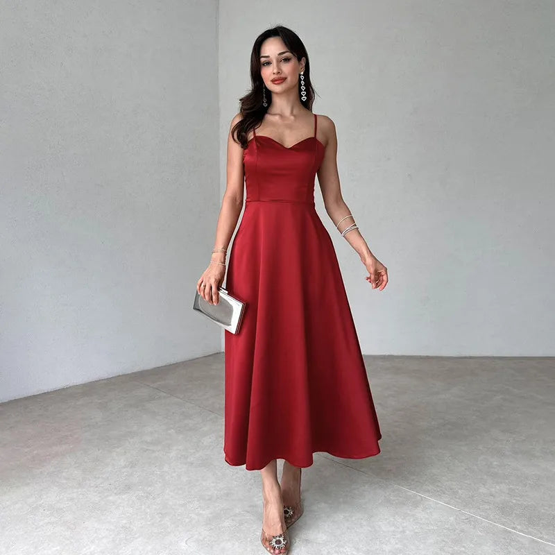 Umbrella skirt strap shoulder midi dress