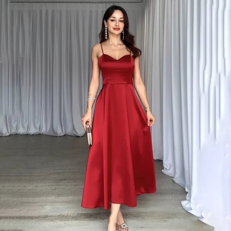 Umbrella skirt strap shoulder midi dress