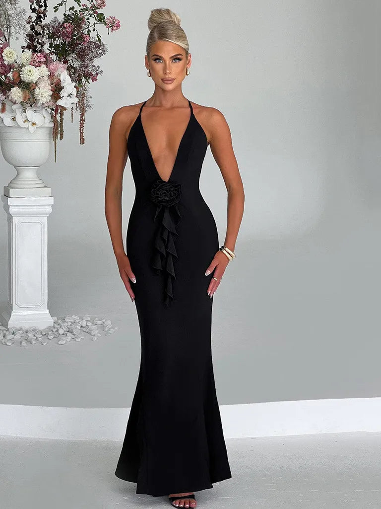 Miranda deep neck flower prop backless dress