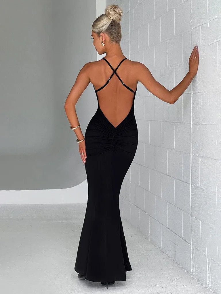 Miranda deep neck flower prop backless dress