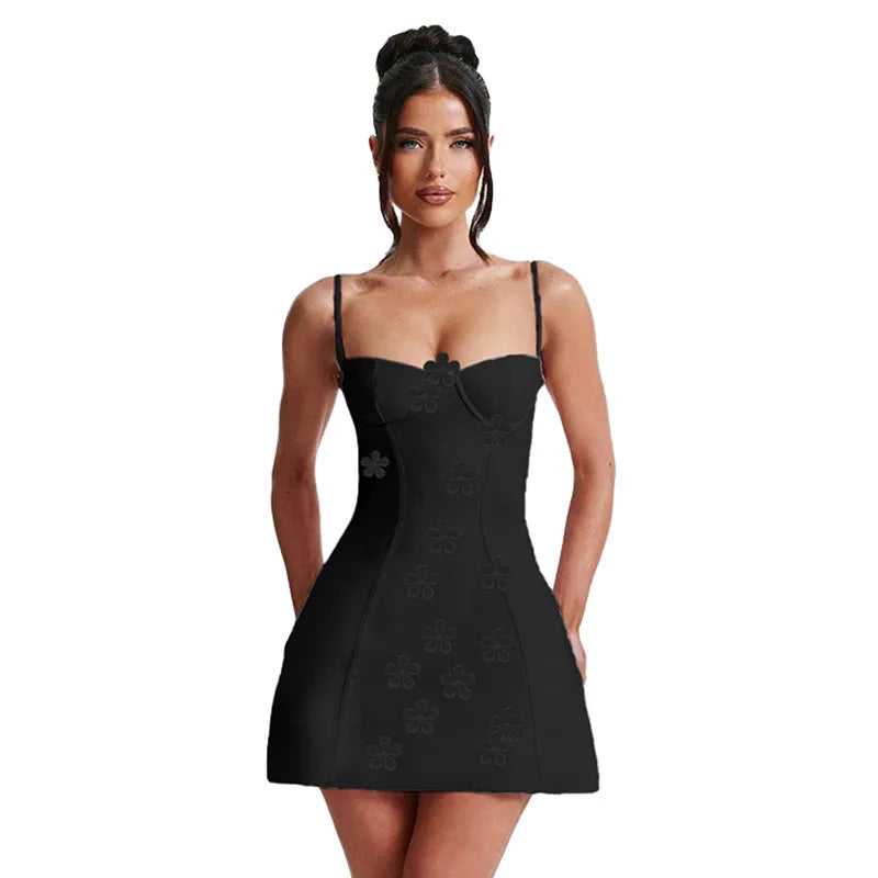 Flowers embedded sweetheart neck mini dress