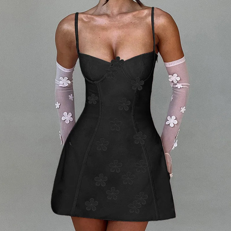 Flowers embedded sweetheart neck mini dress
