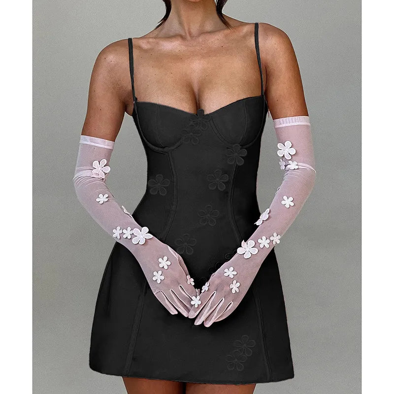 Flowers embedded sweetheart neck mini dress