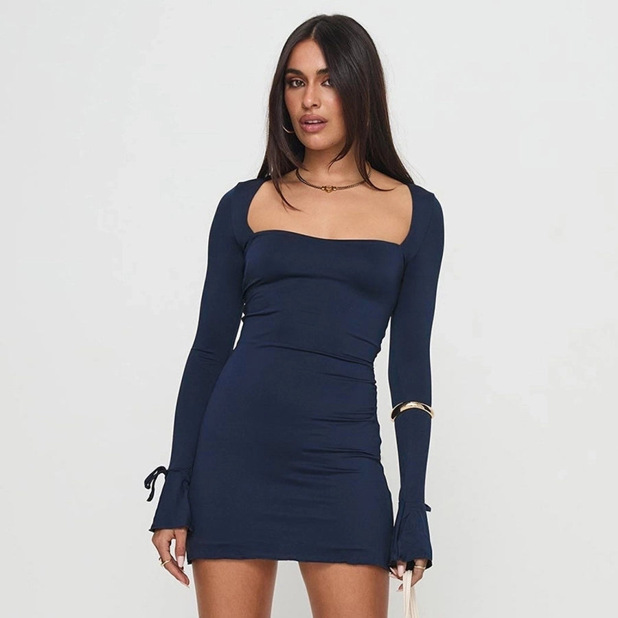 Square Neck Bowknot Long Sleeve mini dress