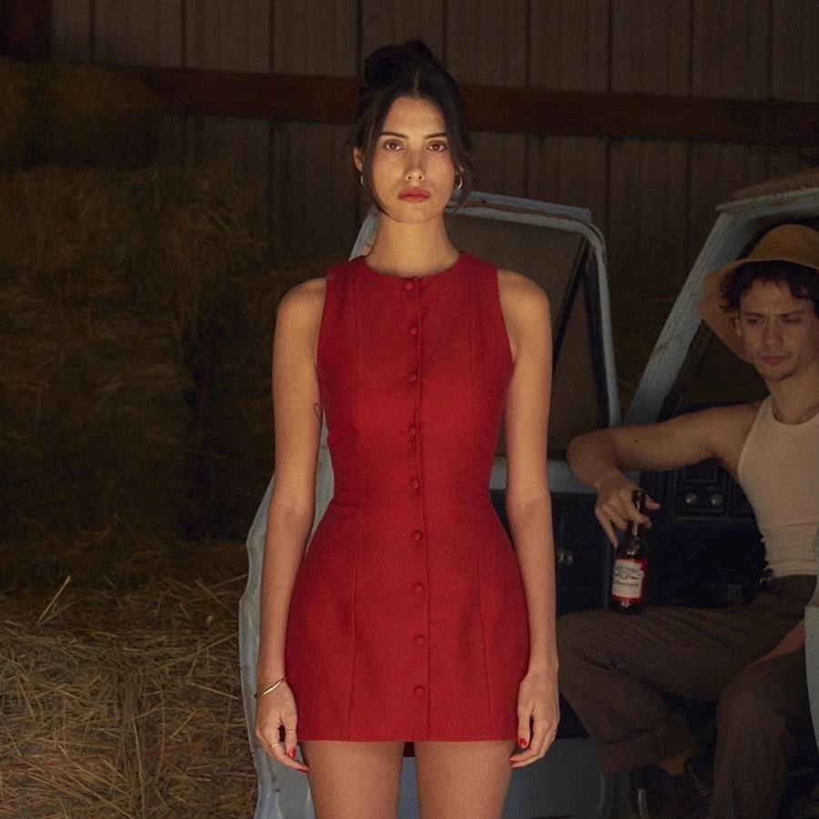 Round neck button down mini dress
