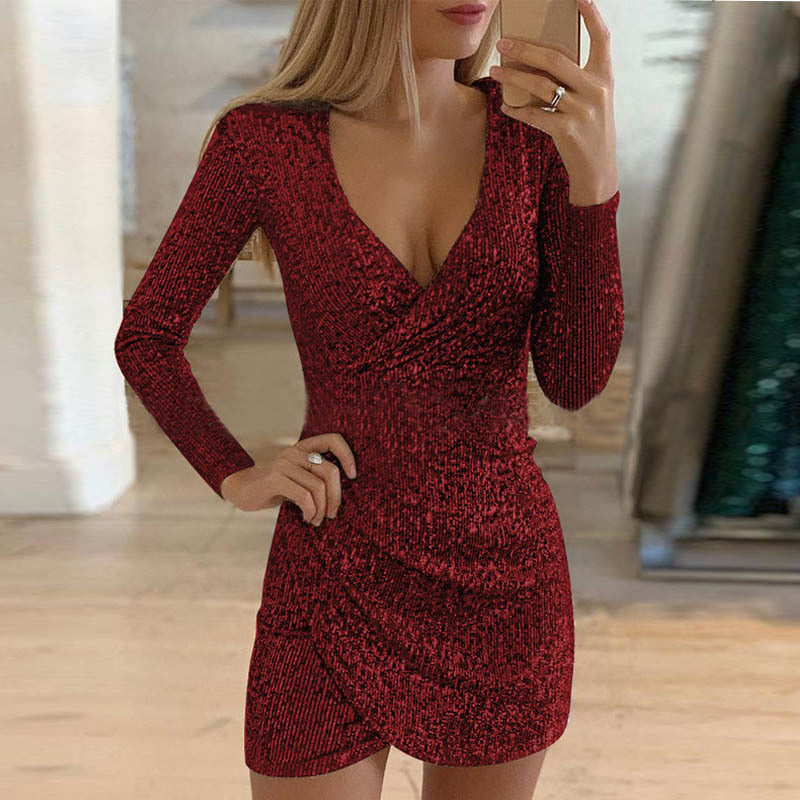 Full sleeve V neck sequin dress