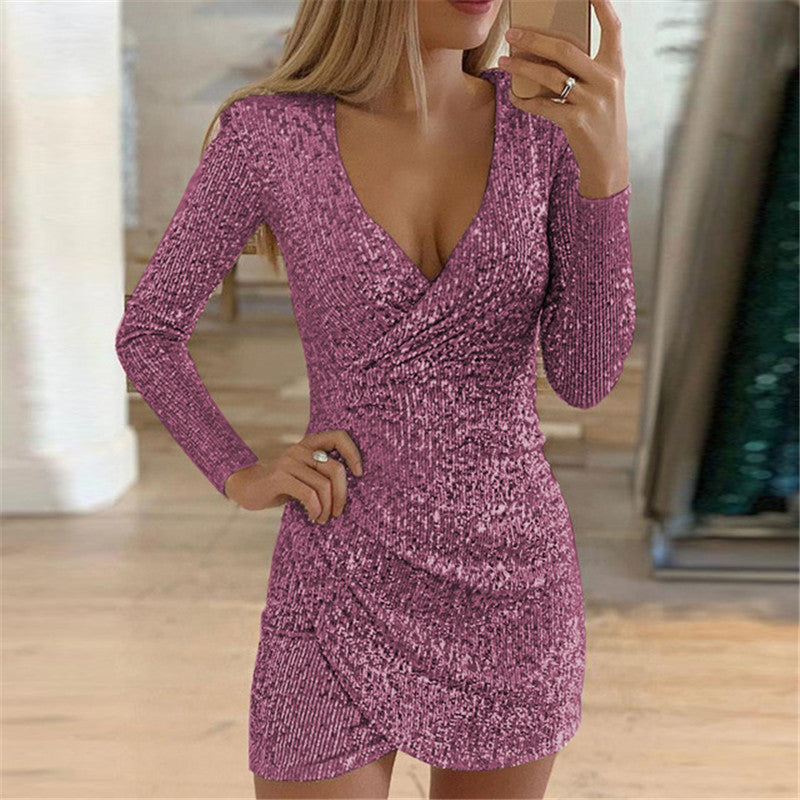 Full sleeve V neck sequin dress