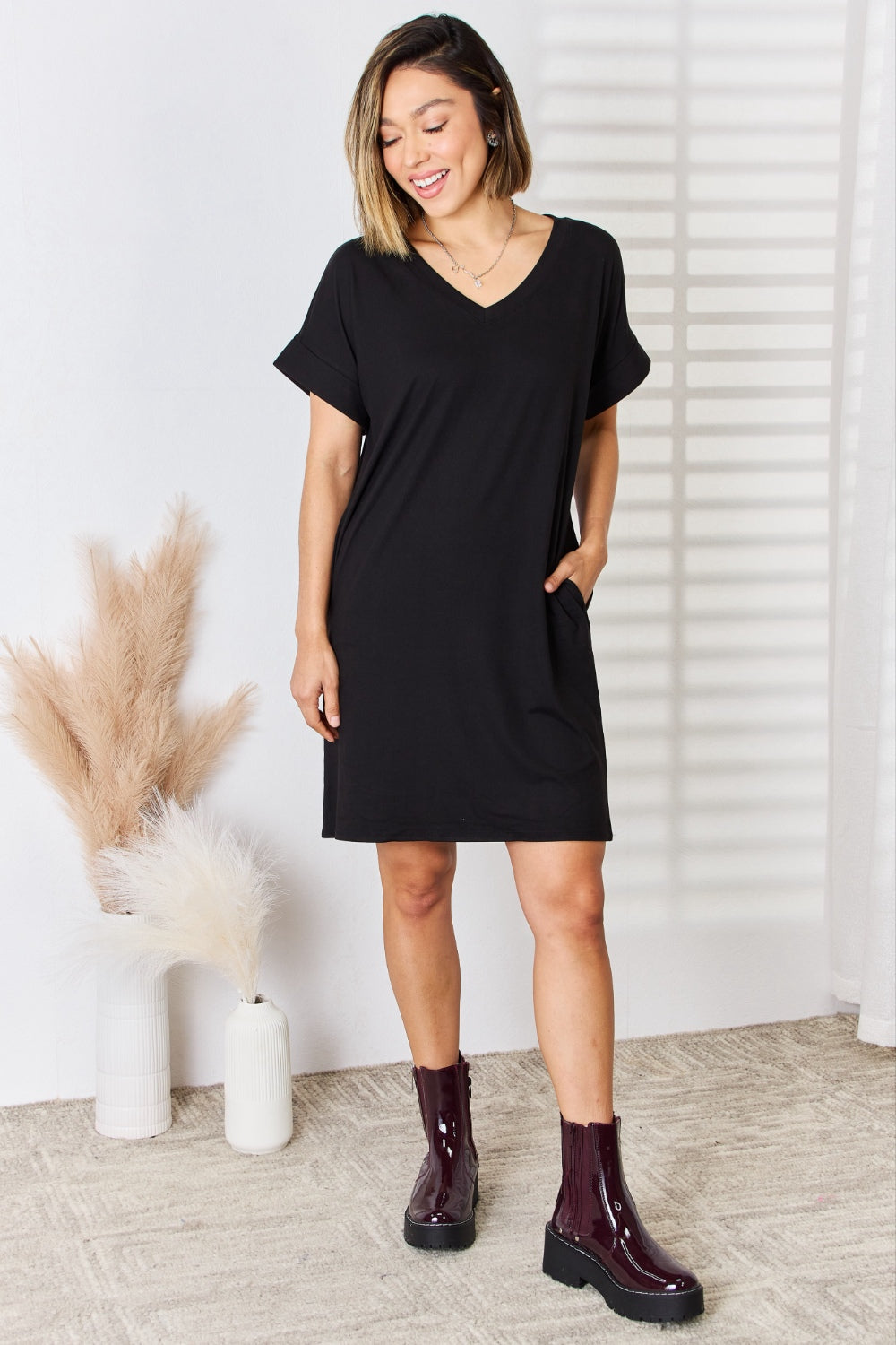 Full Size Rolled Short Sleeve V-Neck Dress