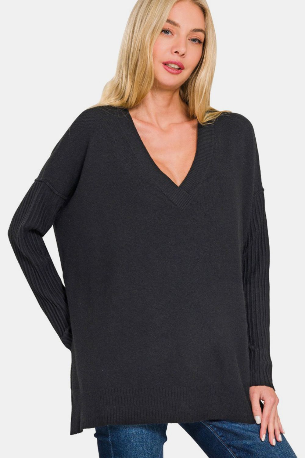 Zenana V-Neck Side Slit High-Low Sweater