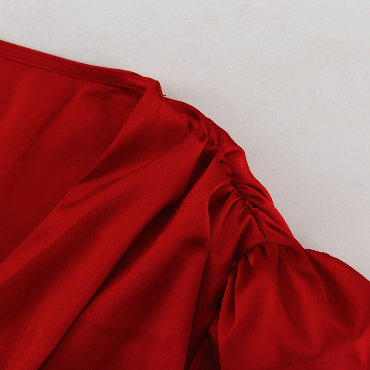 Red hot french Pleated bubble sleeve mini dress