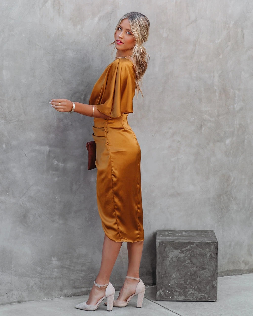 One sleeve side slit satin dress