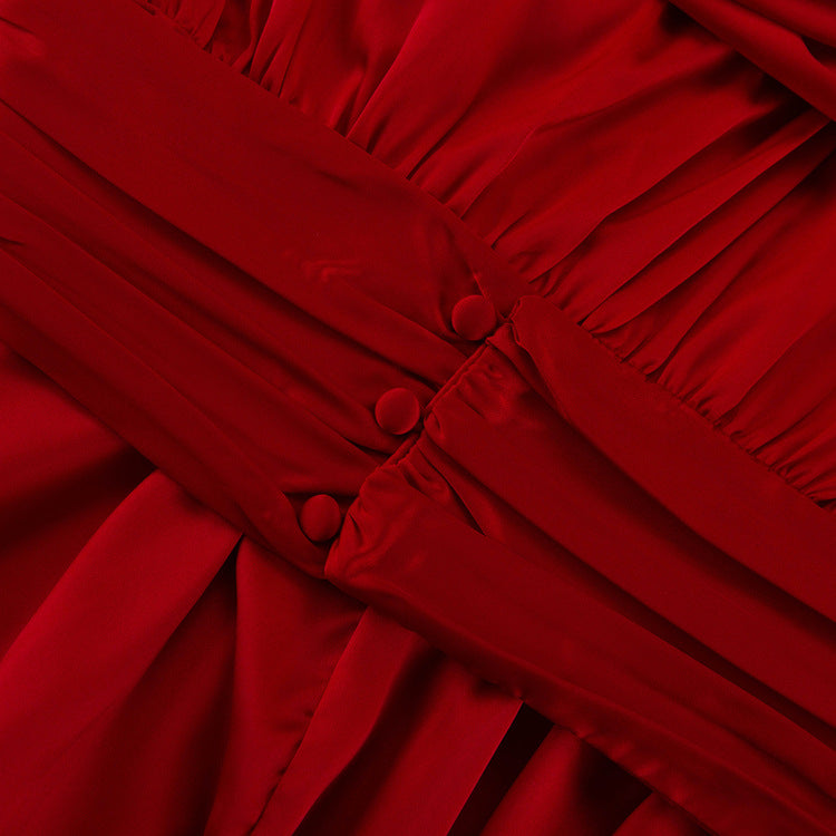 Red hot french Pleated bubble sleeve mini dress