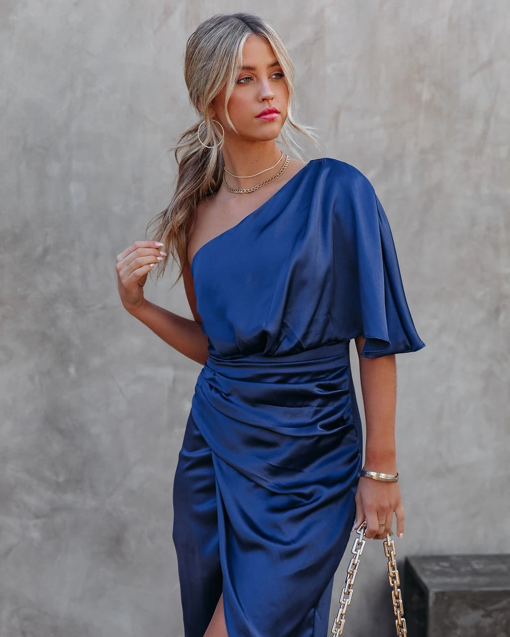 One sleeve side slit satin dress