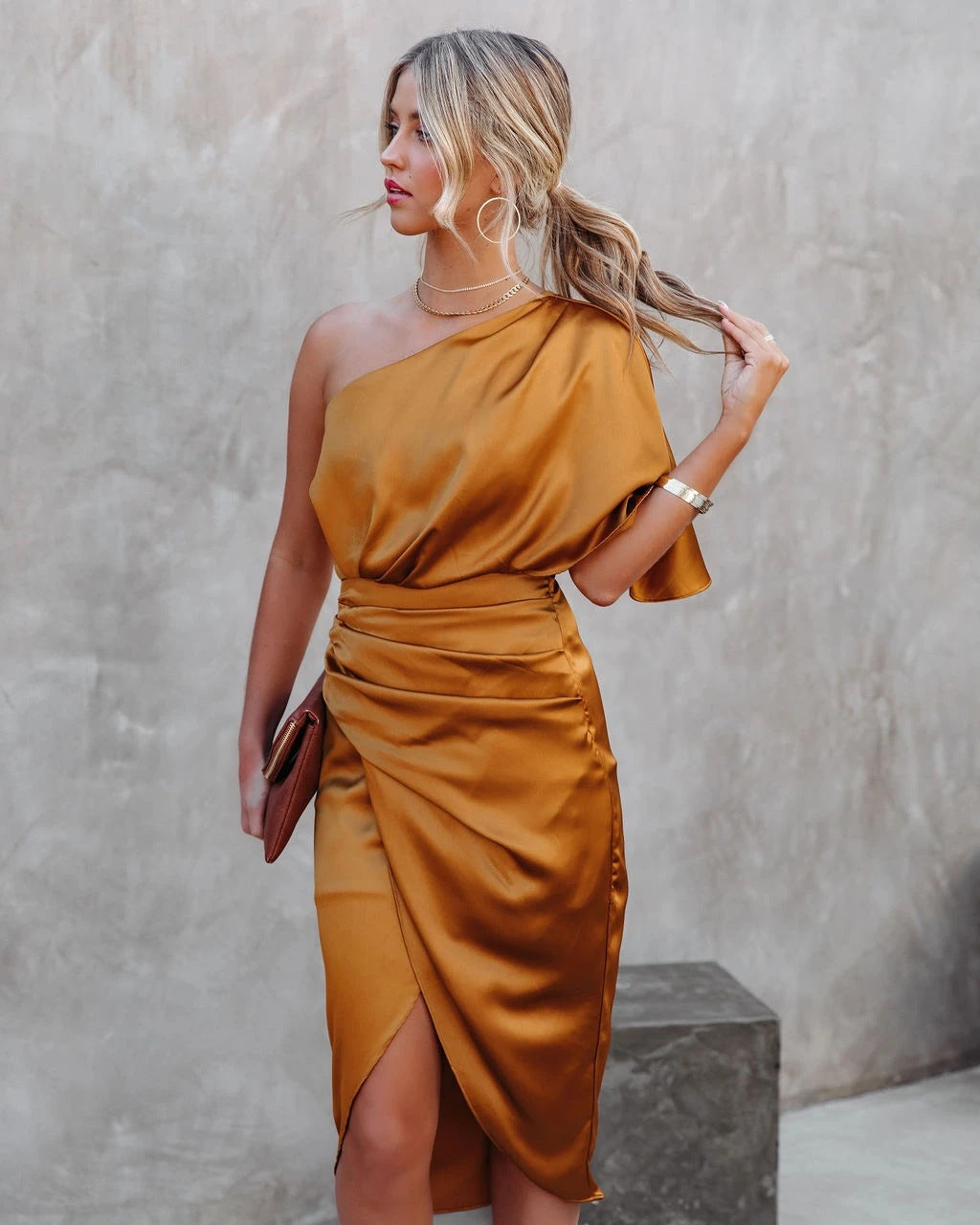 One sleeve side slit satin dress