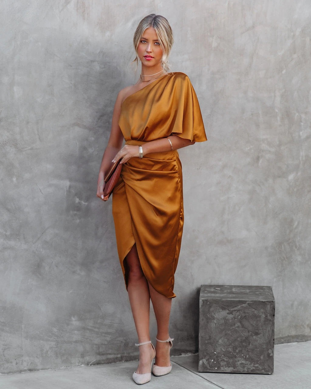 One sleeve side slit satin dress