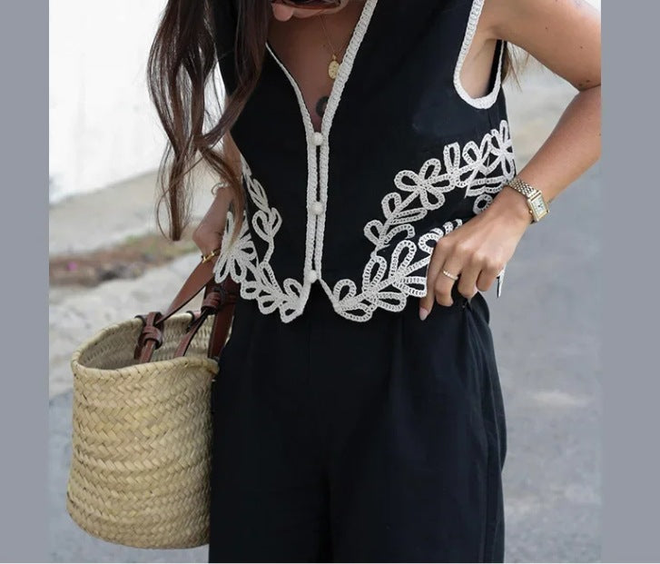 Embroidered vest and bottom sets