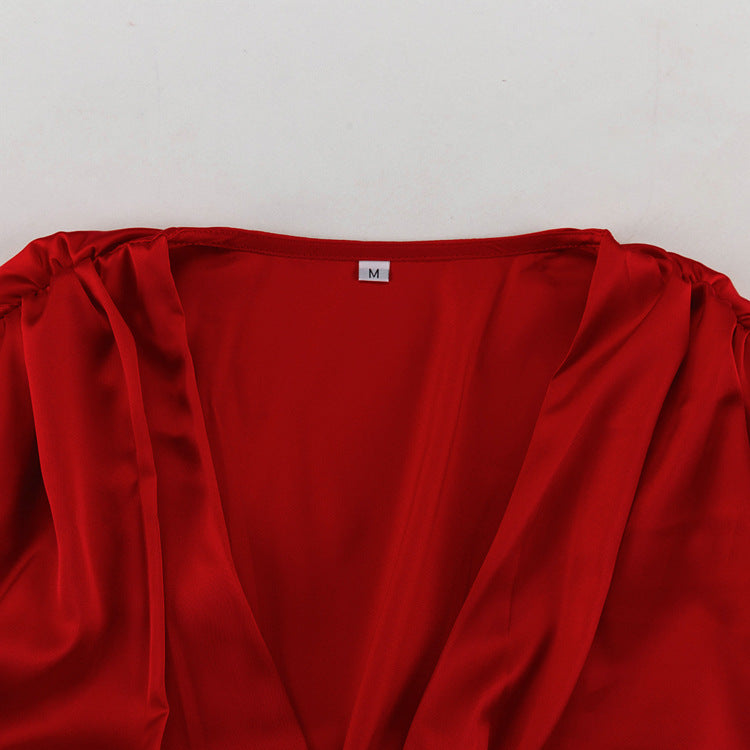 Red hot french Pleated bubble sleeve mini dress