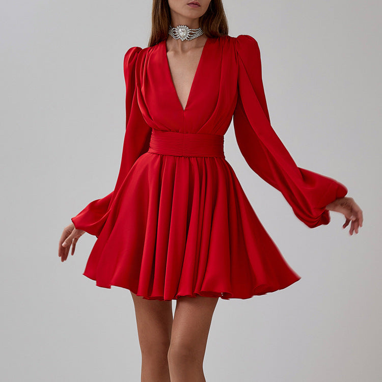 Red hot french Pleated bubble sleeve mini dress