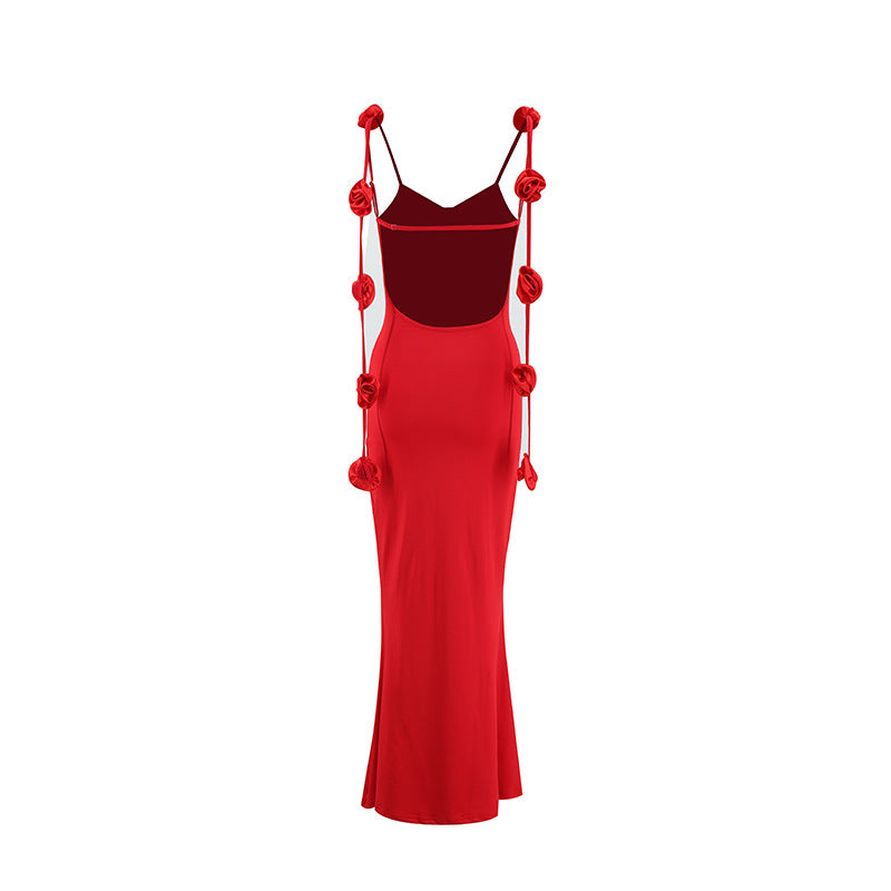 Backless floral accessorized bodycon maxi dress