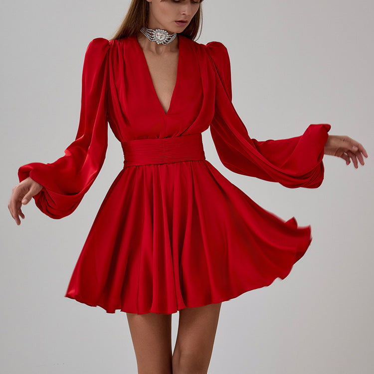 Red hot french Pleated bubble sleeve mini dress