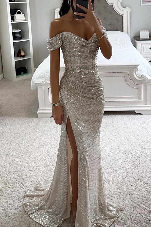 Off shoulder side slit sequin party dress