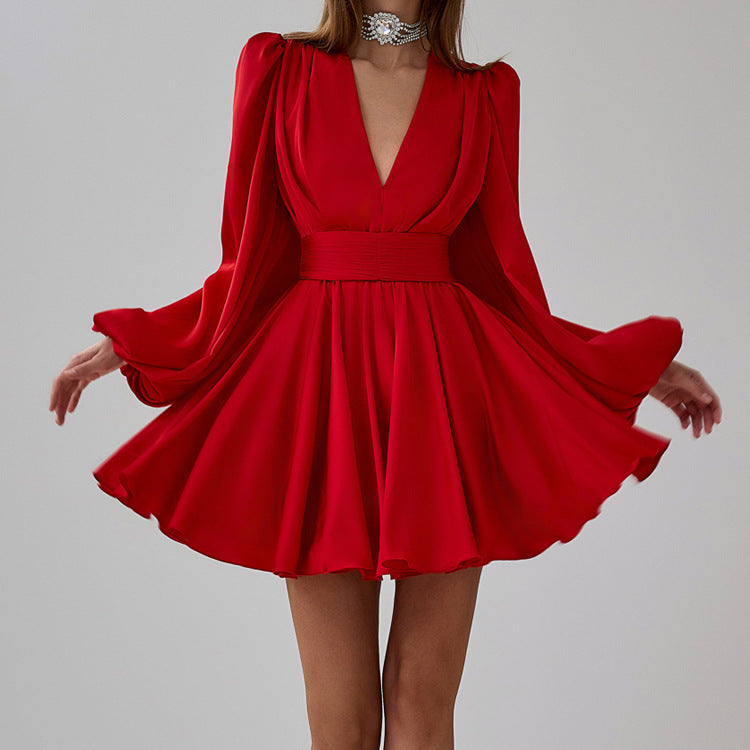 Red hot french Pleated bubble sleeve mini dress