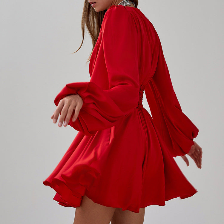 Red hot french Pleated bubble sleeve mini dress