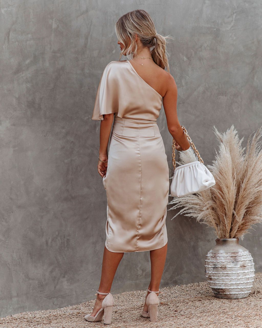 One sleeve side slit satin dress