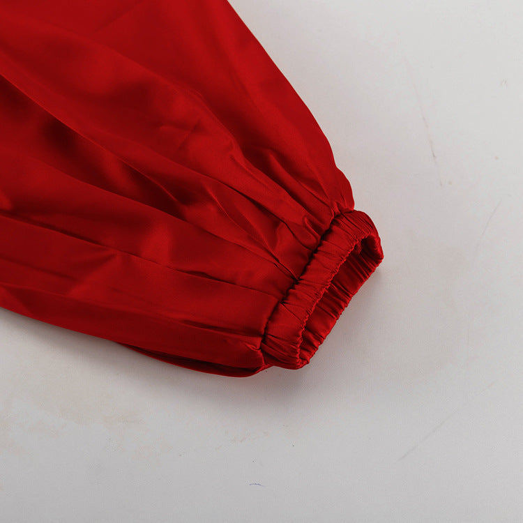 Red hot french Pleated bubble sleeve mini dress