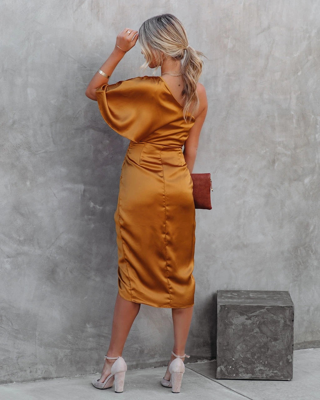 One sleeve side slit satin dress