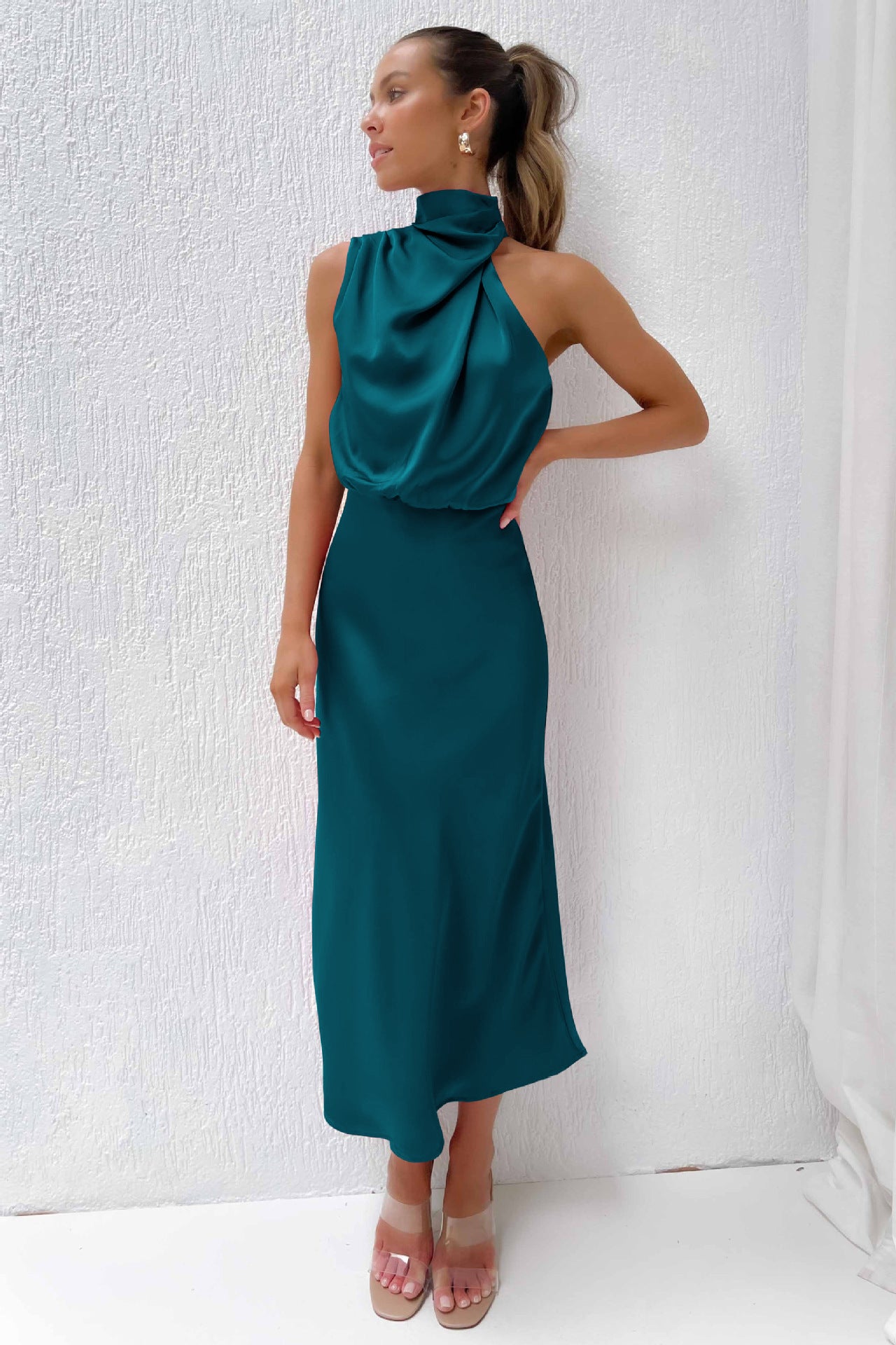 High neck one shoulder satin midi dress