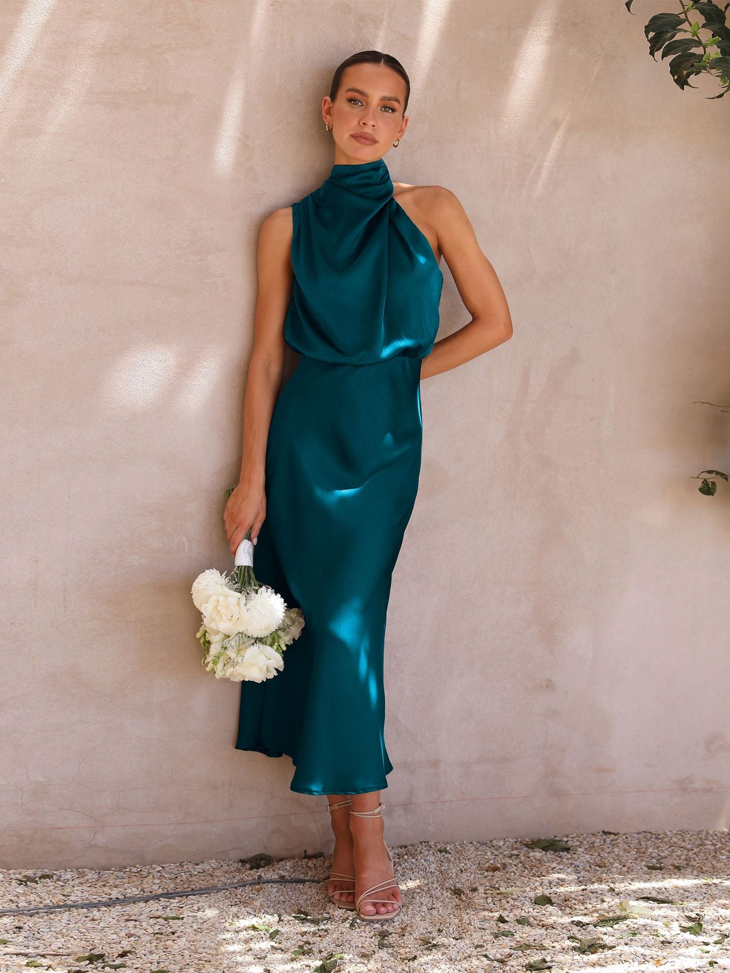 High neck one shoulder satin midi dress