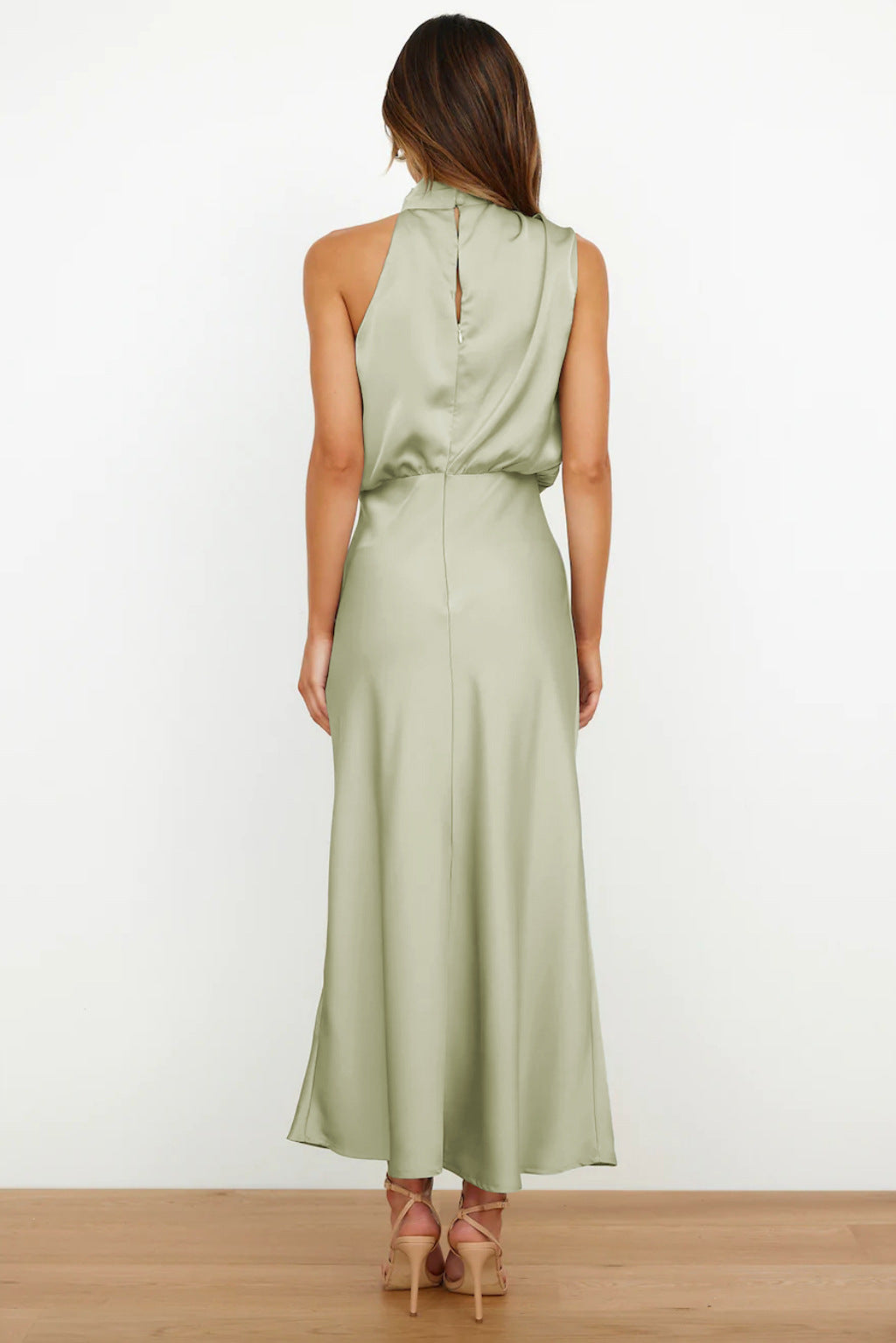 High neck one shoulder satin midi dress