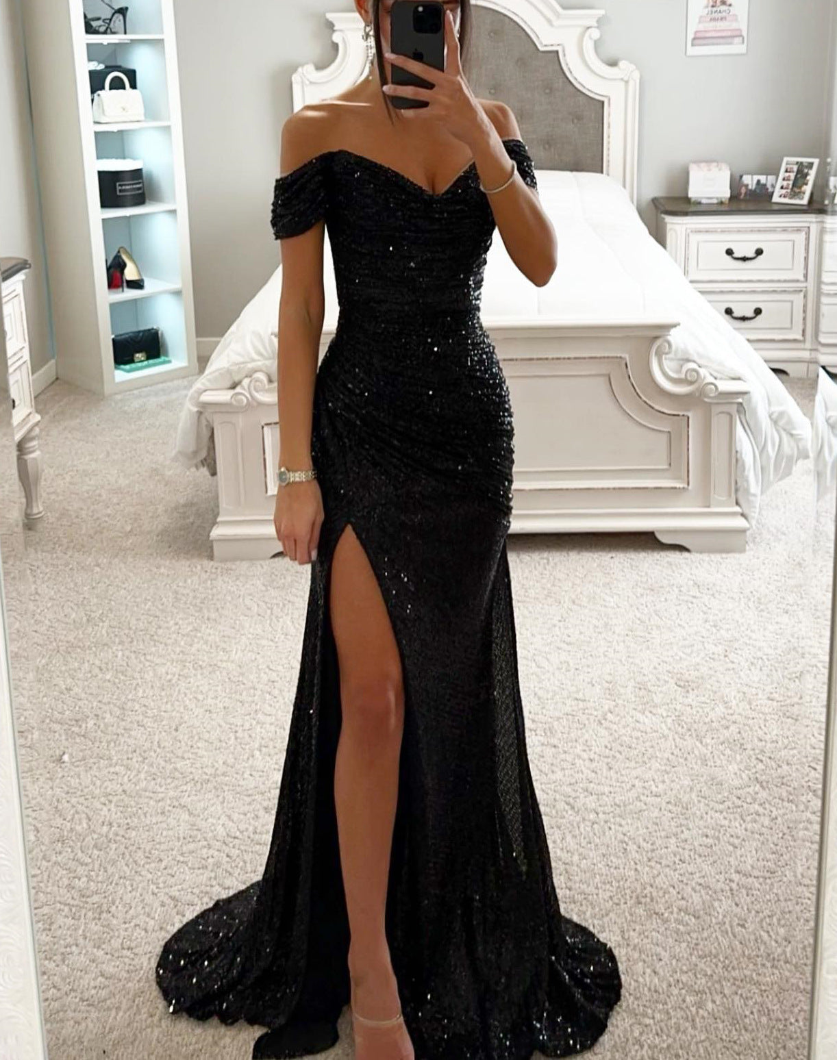 Off shoulder side slit sequin party dress