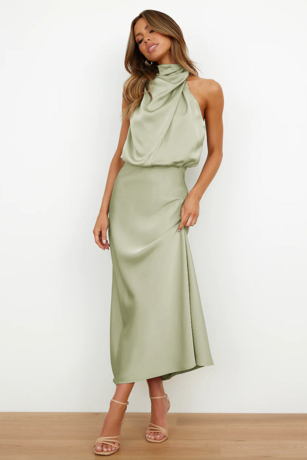 High neck one shoulder satin midi dress