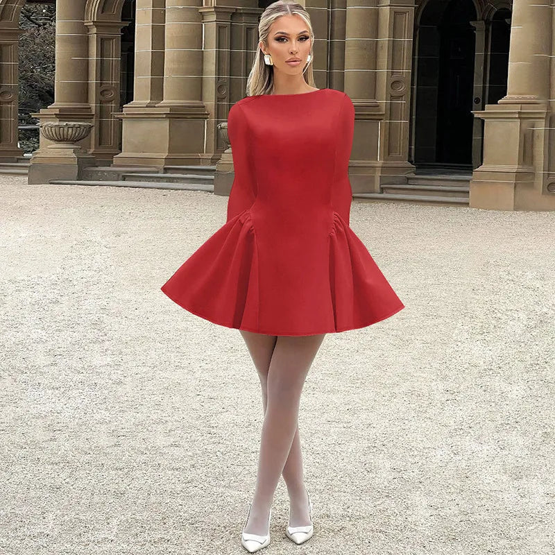 Boat neck long sleeve puffy skirt dress