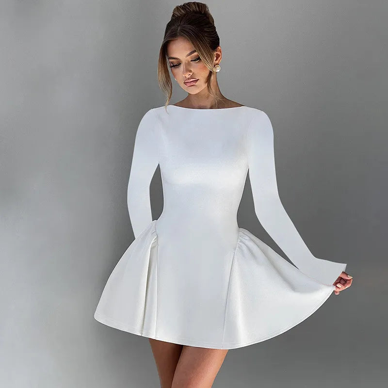 Boat neck long sleeve puffy skirt dress